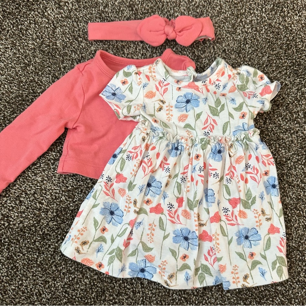 💟 BOGO! Carter's Blue & Pink Floral Sundress with Cardigan & Headband 0-3 Mo